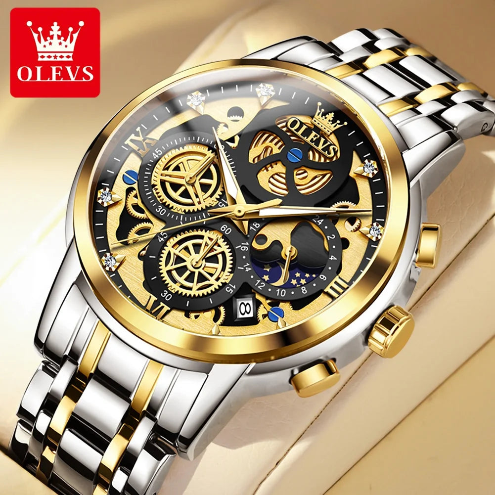 OLEVS herenhorloge – Luxe model, waterdicht, quartz, skeletstijl, 24-uursweergave (dag/nacht), goudkleurig