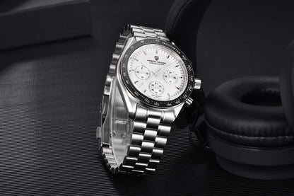 Reloj para hombre PAGANI DESIGN «New Moon» – Reloj de cuarzo de lujo, cronógrafo, cristal de zafiro con tratamiento antirreflectante, bisel de cerámica, agujas luminiscentes