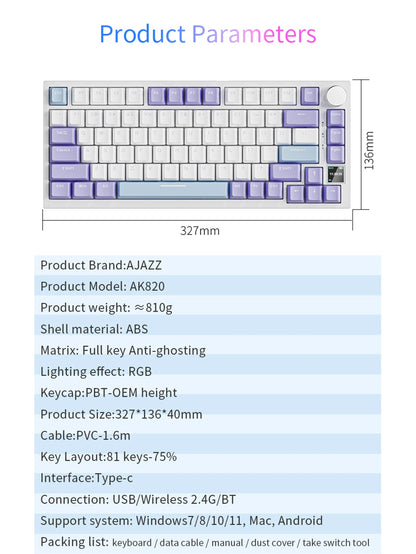 Ajazz AK820/AK820Pro Gaming Mechanical Keyboard Bluetooth 5.1/Wireless/Wired Custom Keyboard With Heat Exchange Sealed Button