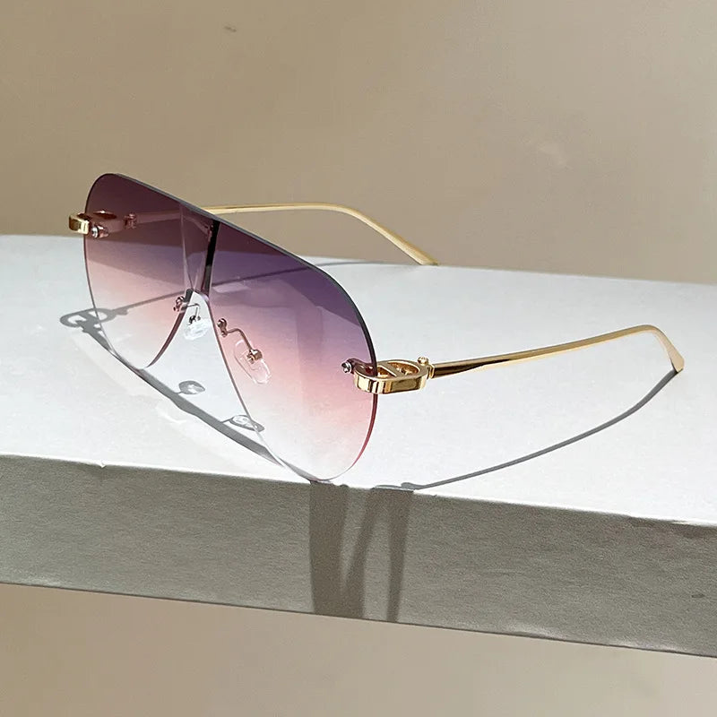 Women's Oversize Rimless One-Piece Shield Sunglasses Fashion Gradient Sun Glasses Alloy Sexy Driving Shades men punk shades