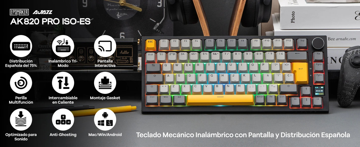ISO-ES Layout EPOMAKER X AJAZZ AK820 PRO 75% Spanish Layout Wired/2.4GHz/BT Mechanical Keyboard with Screen & Knob for Pc/Mac