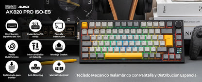 ISO-ES Layout EPOMAKER X AJAZZ AK820 PRO 75% Spanish Layout Wired/2.4GHz/BT Mechanical Keyboard with Screen & Knob for Pc/Mac
