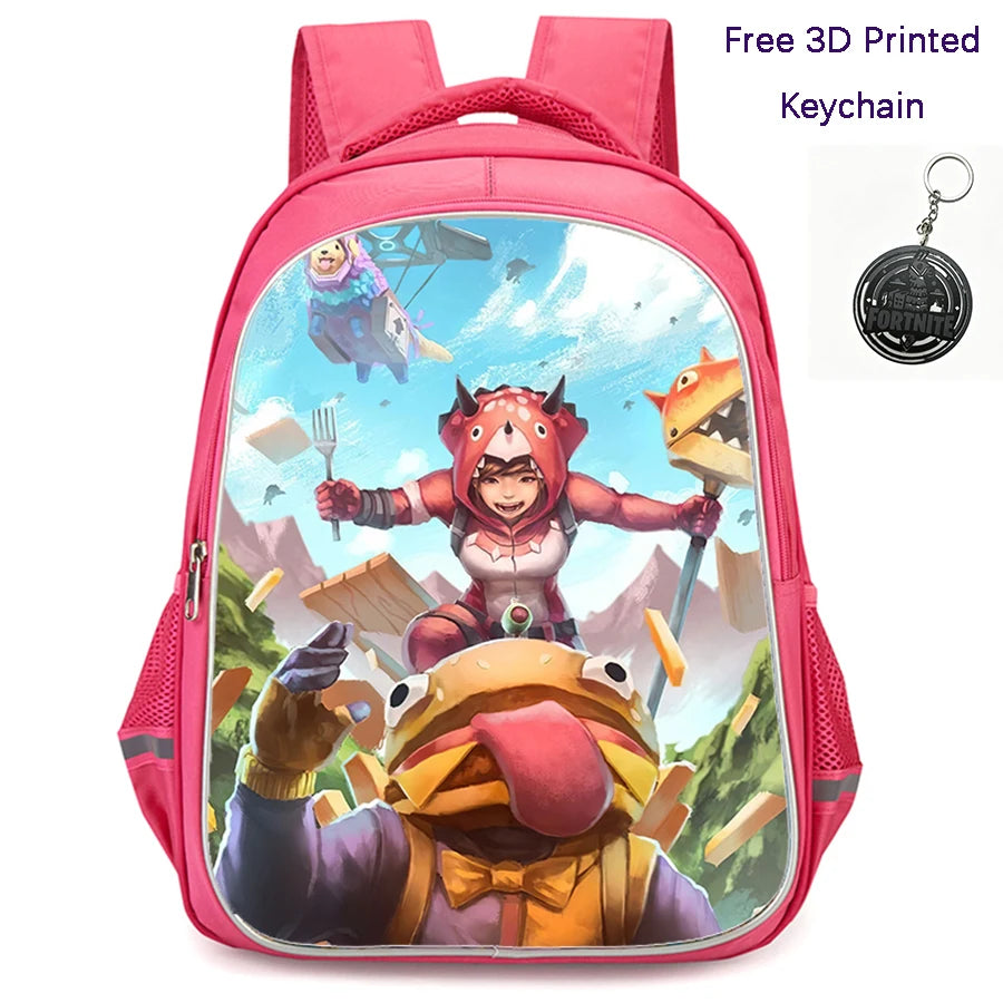 Mochila FORTNITE de 16 polegadas, resistente e leve, bolsos duplos com fecho, estilo cartoon para rapazes e raparigas dos 6 aos 10 anos, porta-chaves 3D impresso grátis