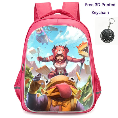 Mochila FORTNITE de 16 polegadas, resistente e leve, bolsos duplos com fecho, estilo cartoon para rapazes e raparigas dos 6 aos 10 anos, porta-chaves 3D impresso grátis