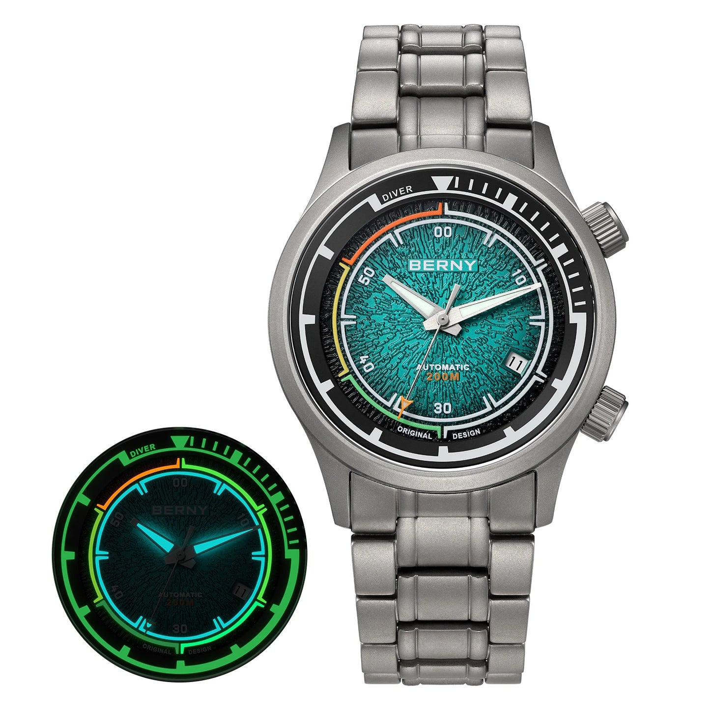 BERNY Automatic Diving Watches for Men Full Titanium Lightweight Super Luminous Mechanical Men's Diver Watch 20ATM Sapphire