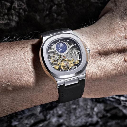 2025High-end Luxury SKROX Square Man Watch Sapphire Tourbillon Steel Skeleton Moon Phase Automatic Movement Leather Male Watches