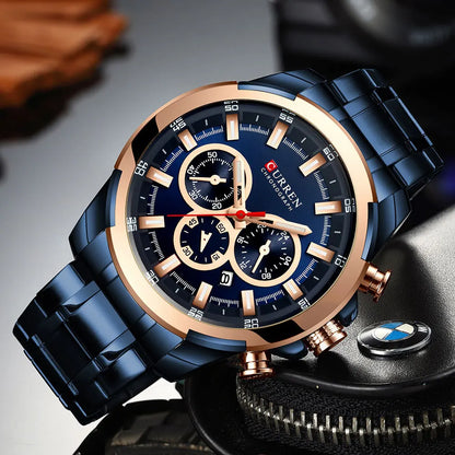 CURREN Chronographenuhr für Herren, großes Zifferblatt (48 mm), Edelstahlarmband, drei Hilfszifferblätter, Quarz-Sportarmbanduhr, luxuriöser Stil