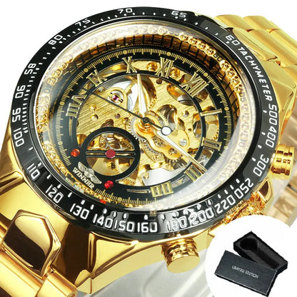 Relógio automático para homem WINNER – Modelo esqueleto transparente, ponteiros luminescentes, bracelete em aço inoxidável, relógio mecânico de marca de luxo