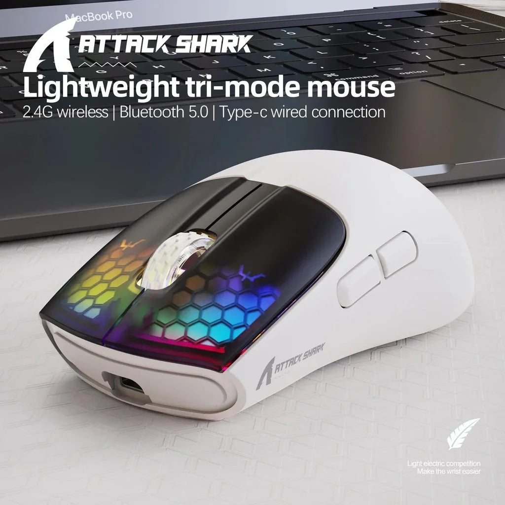 Rato Gaming ATTACK SHARK X5 Sem Fios Leve com Ligação Tri-Mode 2.4GHz/Com Fio/Bluetooth, RGB e Macro