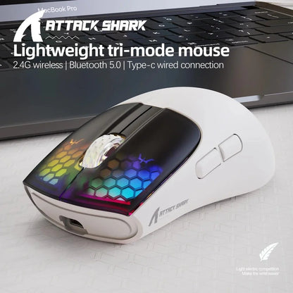 Rato Gaming ATTACK SHARK X5 Sem Fios Leve com Ligação Tri-Mode 2.4GHz/Com Fio/Bluetooth, RGB e Macro