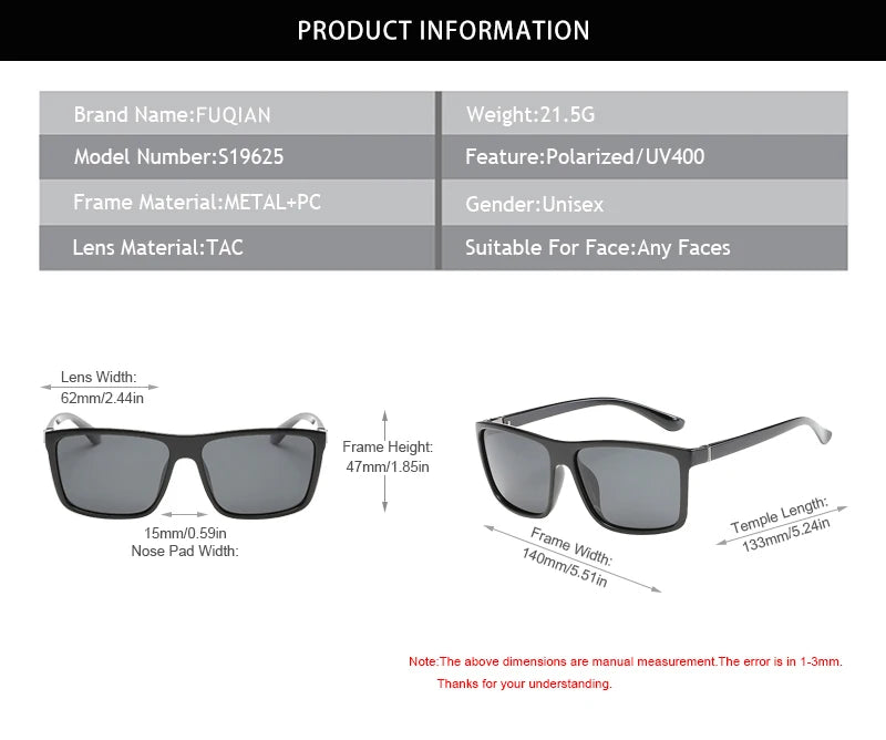Classic Black Square Polarized Sunglasses Men Fashion Mirror Blue Sun Glasses Unisex Vintage Anti Glare Driving Shades UV400