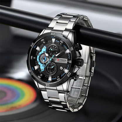 Orologio da uomo di lusso CURREN 8402, nuovo, in acciaio inossidabile, impermeabile, con cronografo e illuminazione notturna.