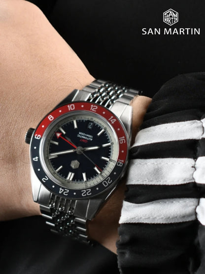 Relógio Automático Masculino San Martin 39.5mm Edição Limitada com Mostrador Full Lume NH34 GMT 6H Data 10Bar Luxo Kol Saati SN0116W