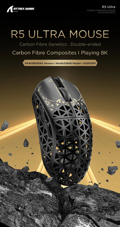 ATTACK SHARK R5 Ultra Carbon Fiber Wireless Gaming Mouse, PixArt PAW3950MAX Gaming Sensor, 42000DPI, 8000Hz, MCU Nordic 52840