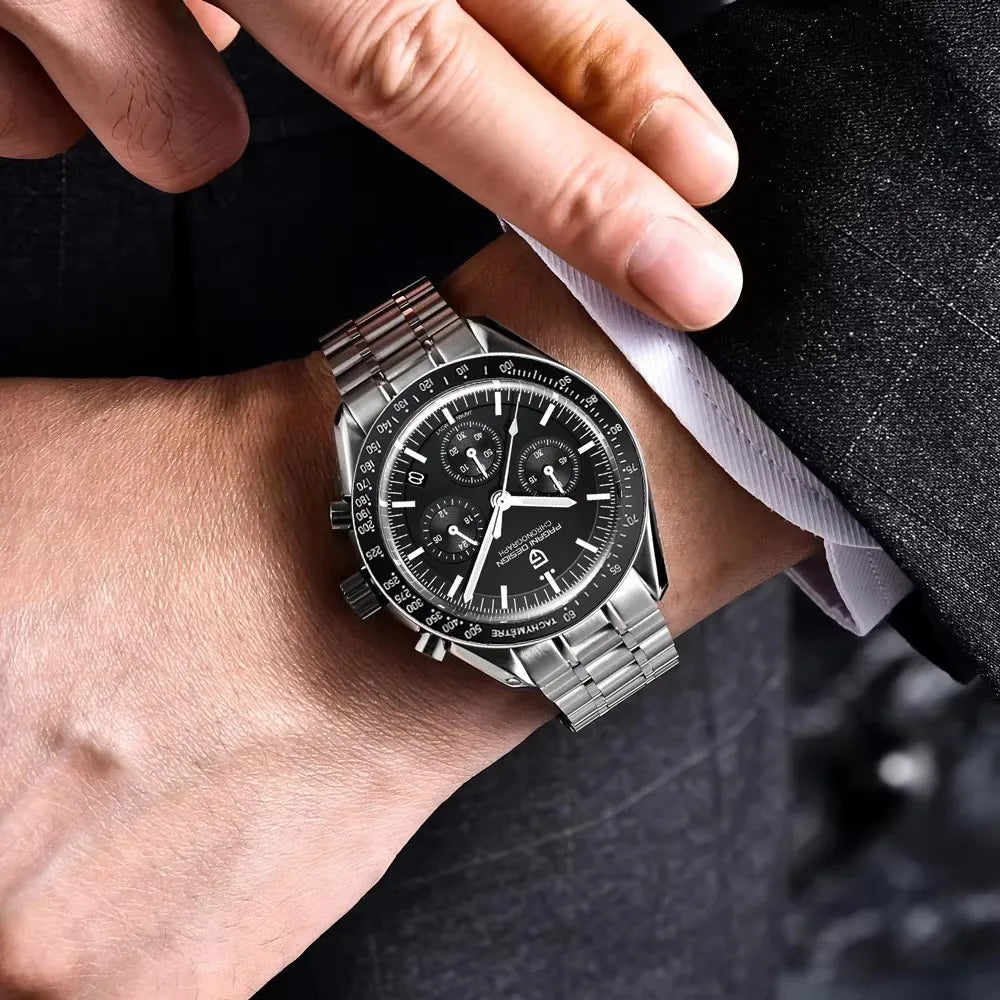 Zegarek PAGANI DESIGN Moon – luksusowy męski chronograf kwarcowy w sportowym stylu, szafirowe szkło z powłoką antyrefleksyjną, luminescencyjny wyświetlacz