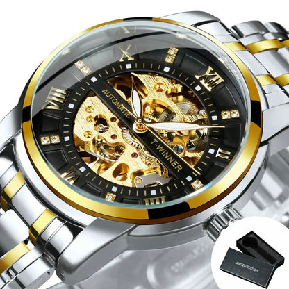 WINNER Classic Mechanical Watches Luxury Diamond Dial Black Gold Skeleton Automatic Mens Watch Stainless Steel Strap Wristwatch