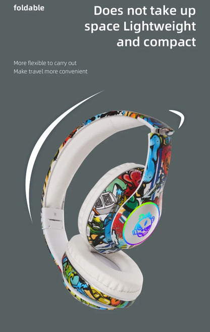 New Graffiti Wireless Bluetooth Gaming Headset LX-8686 with Mic, LED Light, TF Card Support, Deep Bass Over-Ear Headphones for PC, Gaming & Kids