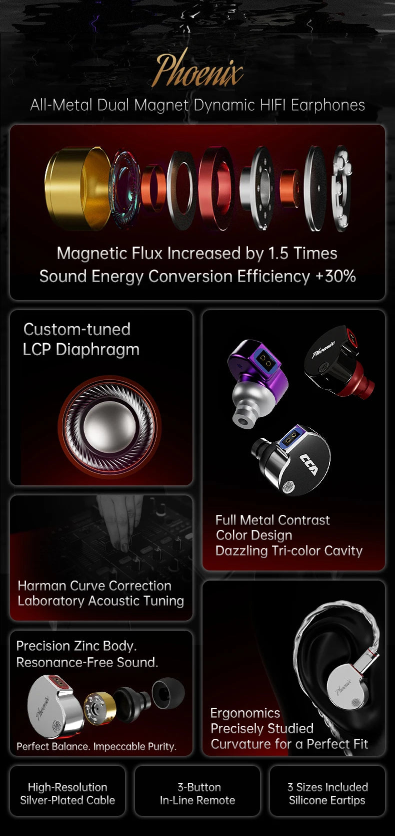 CCA Phoenix HiFi Earphones Dynamic Drive LCP Diaphragm Earphones Noise Cancelling Replaceable 2PIN Cable Gaming Wired Earphone