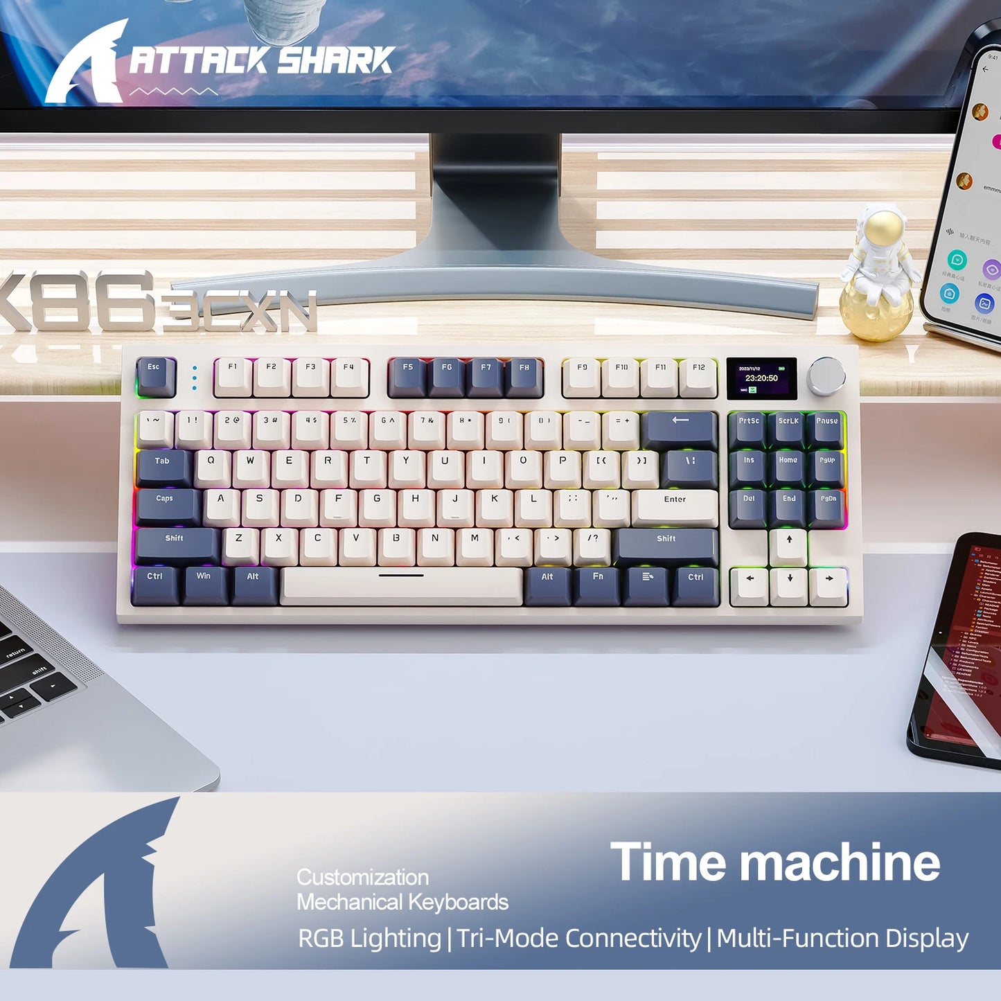 Attack Shark K86 Wireless Mechanical Keyboard, TFT Display, Metal Knob,RGB Backlit, Hot-Swappable, Bluetooth for Gaming & Office