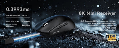 Mouse gaming wireless leggero Attack Shark R6, mouse per computer con sensore PAW 3950Max e Nordic 52480, polling 8KHz