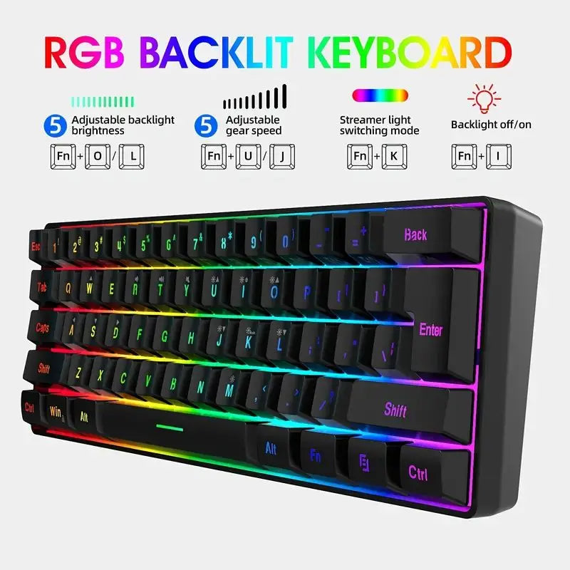 60% wired gaming keyboard, RGB backlight ultra compact mini keyboard, waterproof small compact 61 key keyboard for pc/Mac gamers