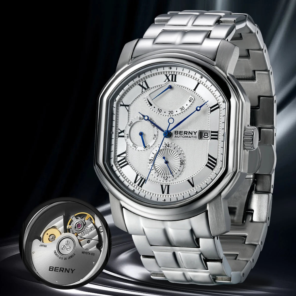 BERNY Men's Mechanical Watch, Top Accuracy, Automatic Wristwatch, Luxury Male Clock, Sapphire, Self-Winding, Waterproof