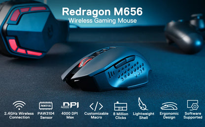 Brezžična gaming miška Redragon M656 Gainer, 4000 DPI, 2.4Ghz brezžična gamerska miška s 5 ravnmi DPI, 7 makro gumbi, rdeča LED-osvetlitev