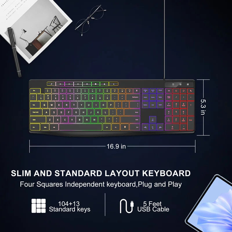 New Wired Light Backlit RGB Mute Keyboard  Desktop Notebook Home Business For Office Ultra Thin USB office home