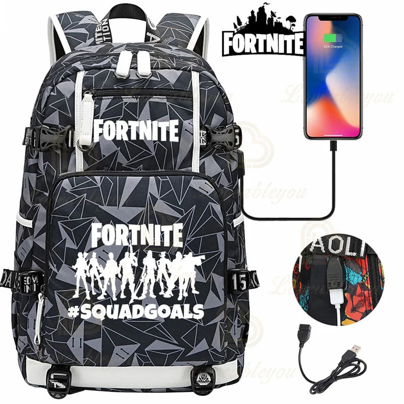 Yule Trooper F-Fortnited Battle Royale Rucksack mit USB-Ladeanschluss, Anime-Figuren, Lern- und Schreibwarenfach für Schüler