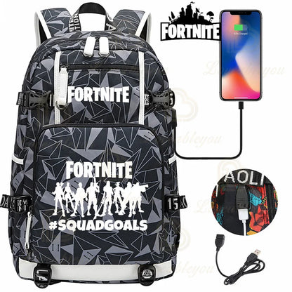 Yule Trooper F-Fortnited Battle Royale Rucksack mit USB-Ladeanschluss, Anime-Figuren, Lern- und Schreibwarenfach für Schüler