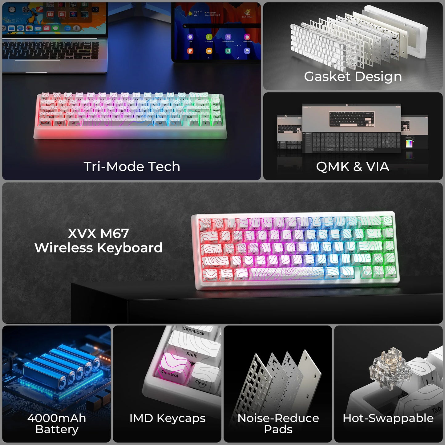XVX M67 JadeStone Mechanical Keyboard 65% Tri-Mode Wireless Keyboard, Hot Swappable RGB Mechanical Keyboard with IMD Keycaps, Gasket Mount Gaming Keyboard