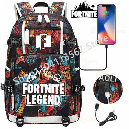 Yule Trooper F-Fortnited Battle Royale Rucksack mit USB-Ladeanschluss, Anime-Figuren, Lern- und Schreibwarenfach für Schüler