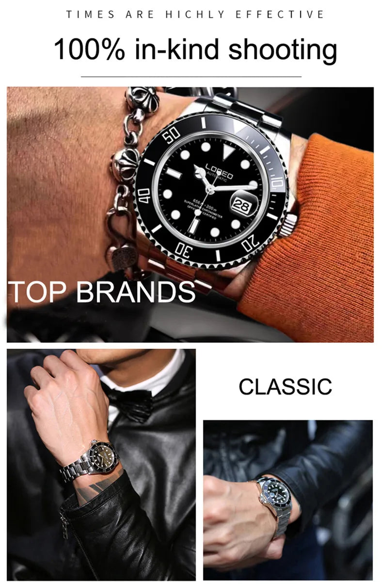 LOREO New Sapphire Glass Automatic Mechanical Watch Luxury Steel 200m Waterproof Business Watch Men Watches Reloj Hombre