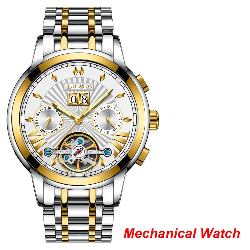LIGE automatische mechanische polshorloges voor heren – Luxe horloge uit het topsegment met tourbillon, elegant en waterdicht model, ideaal voor op het werk of formele gelegenheden.