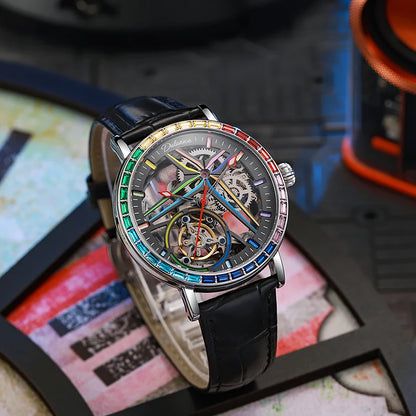 Pánské skeletové hodinky v módním stylu, zdobené drahokamy v barvách duhy, vybavené tourbillonem; luxusní mechanické hodinky s automatickým nátahem, vodotěsné do hloubky 30 metrů.