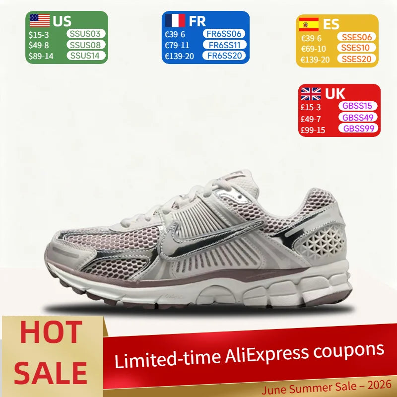 Nike Zoom Vomero 5 Wygodne, wszechstronne, wytrzymałe i oddychające damskie buty do biegania z niską cholewką, kolor srebrny HV6417-001