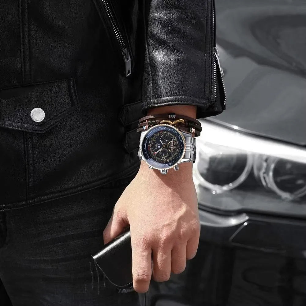 Luxusní retro automatické mechanické hodinky JARAGAR 034, tourbillon, vyprázdněná skeletová konstrukce, nerezová ocel, týdenní kalendář, pánské hodinky