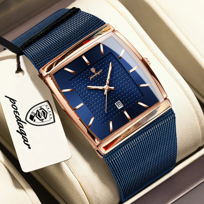 Montre pour homme POEDAGAR, modèle de luxe, bracelet en maille d'acier inoxydable, affichage de la date, étanche, aiguilles luminescentes, style décontracté, boîtier rectangulaire, mouvement à quartz.