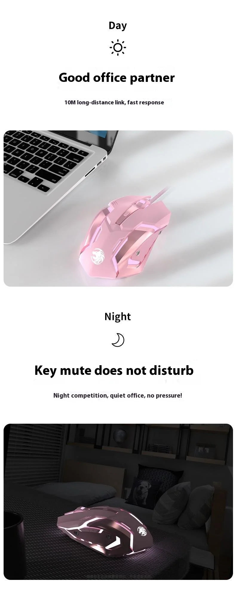 Frontline trådbunden gamingmus i rosa, tyst mekanisk esportmus, trådlös Bluetooth-datormus för kontor, elegant och söt för tjejer