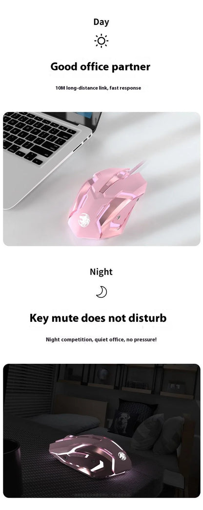 Frontline trådbunden gamingmus i rosa, tyst mekanisk esportmus, trådlös Bluetooth-datormus för kontor, elegant och söt för tjejer