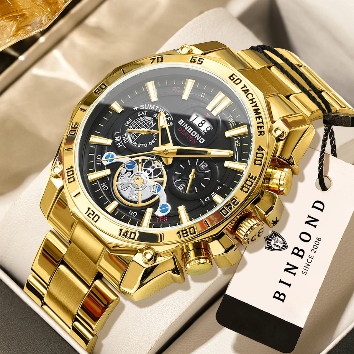 BINBOND luxury quartz watches for men: luminous, water-resistant, with automatic date display, accurate and durable, in a sporty and business style.