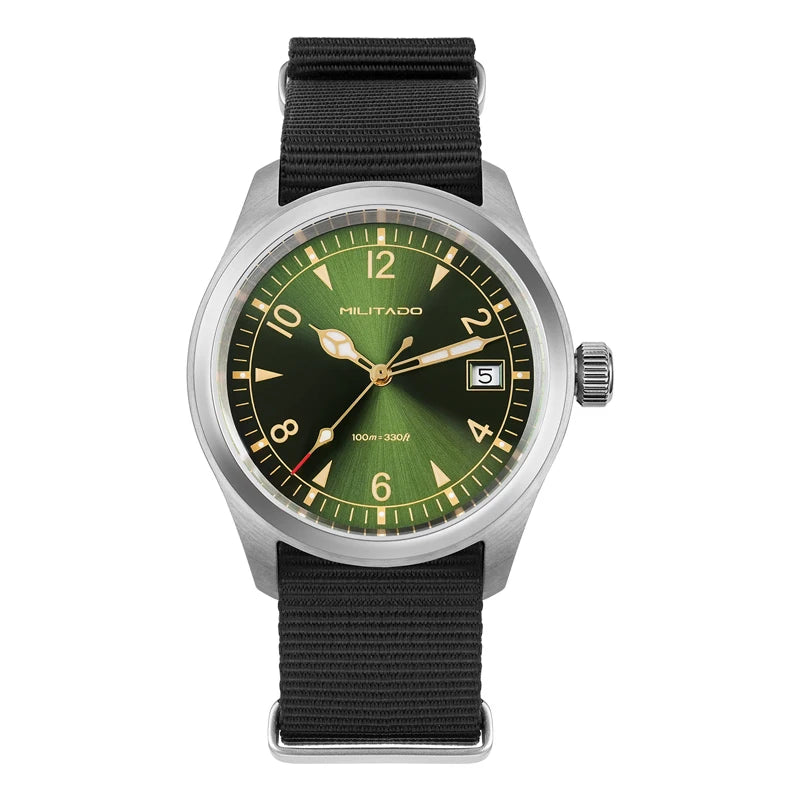 Militado ML08 V2 Vintage-Quarzuhr Military VH31-Uhrwerk Doppeltes Saphirglas C3 BGW-9 Leuchtend Wasserdicht 38mm Uhr