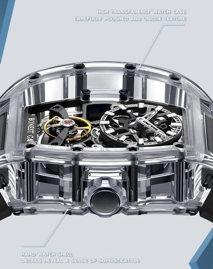 BONEST GATTI New Fully Automatic Men Watch Skeleton Mechanical Watch Rubber Black Band Luminous Barrel Shaped Men Watch
