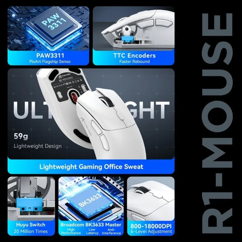 Attack Shark R1 Wireless Gaming Mouse, 55g Ultra-Lightweight Tri-Mode Gaming Mouse, PAW3311 Sensor, 18000 DPI, Bluetooth 5.2, 2.4GHz & USB-C for PC, Mac & Laptop