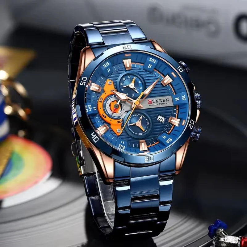 Orologio da uomo di lusso CURREN 8402, nuovo, in acciaio inossidabile, impermeabile, con cronografo e illuminazione notturna.