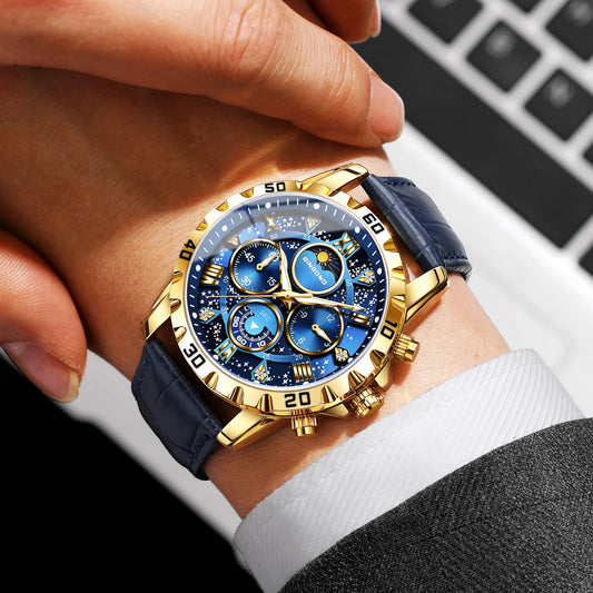 Authentic and accurate BINBOND quartz wristwatch for men, a luxury, water-resistant chronograph with a luminous display and leather strap.