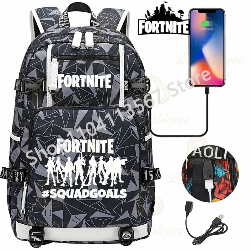 Yule Trooper F-Fortnited Battle Royale Rucksack mit USB-Ladeanschluss, Anime-Figuren, Lern- und Schreibwarenfach für Schüler