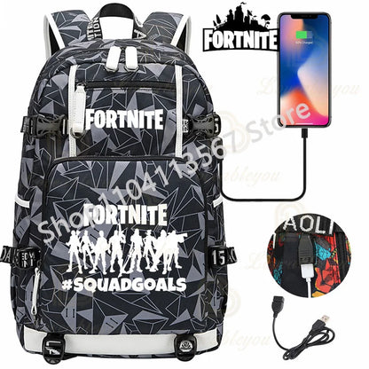 Yule Trooper F-Fortnited Battle Royale Rucksack mit USB-Ladeanschluss, Anime-Figuren, Lern- und Schreibwarenfach für Schüler