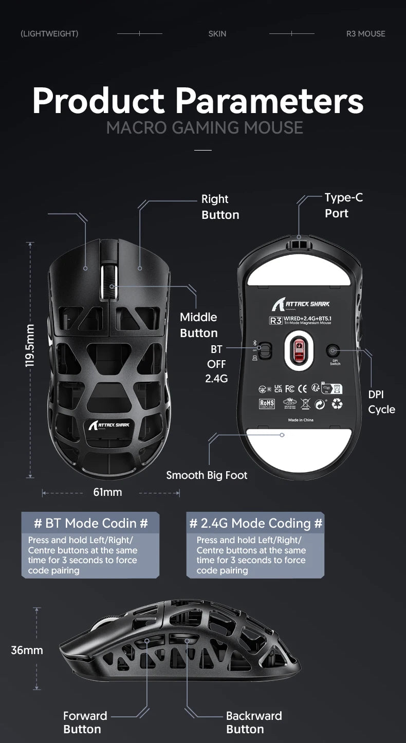 ATTACK SHARK R3 gamer egér magnéziumötvözet méhsejtmintás házzal, ultrakönnyű, 8K Hz, PAW3395 érzékelő, 26000 DPI, ergonomikus kialakítás