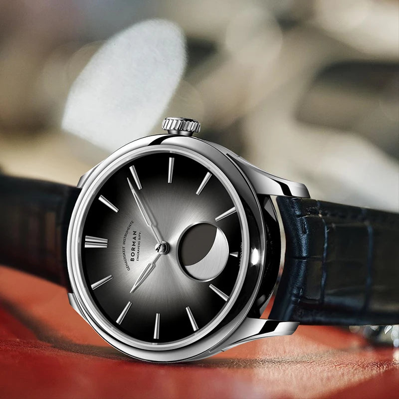 BORMAN 41.5mm 5ATM Waterproof Mechanical Watches Moon Phase Luxury Designer Men Dress Automatic Wristwatch